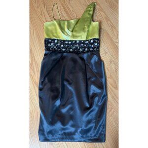 Tease Me‎ Womens One-Shoulder Green Black Satin Dress With Beaded Waist Size 9